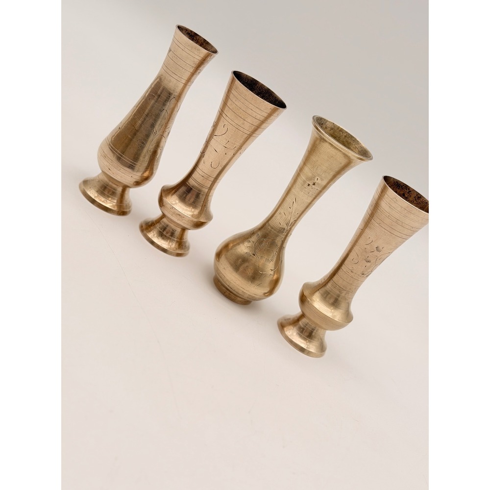 Vintage Set of 4 Etched Brass Bud Vases Floral India Metal Boho Decor 4 Inch